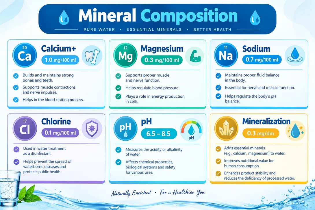 TiTAS mineral composition chart — calcium, magnesium, sodium, chlorine, pH and mineralisation levels in TiTAS packaged drinking water